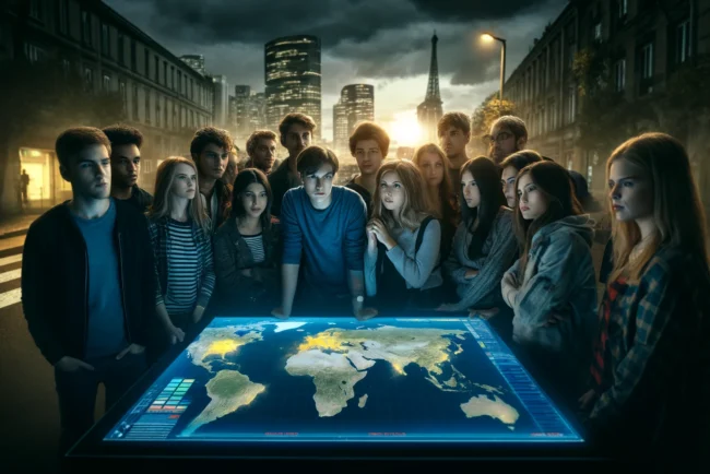 L'Inquiétude Montante chez les Jeunes Français Face au Risque de Guerre Mondiale 8 Jeunes adultes français d'origines diverses dans un environnement urbain, regardant avec inquiétude et détermination une carte du monde numérique montrant des zones de conflit.