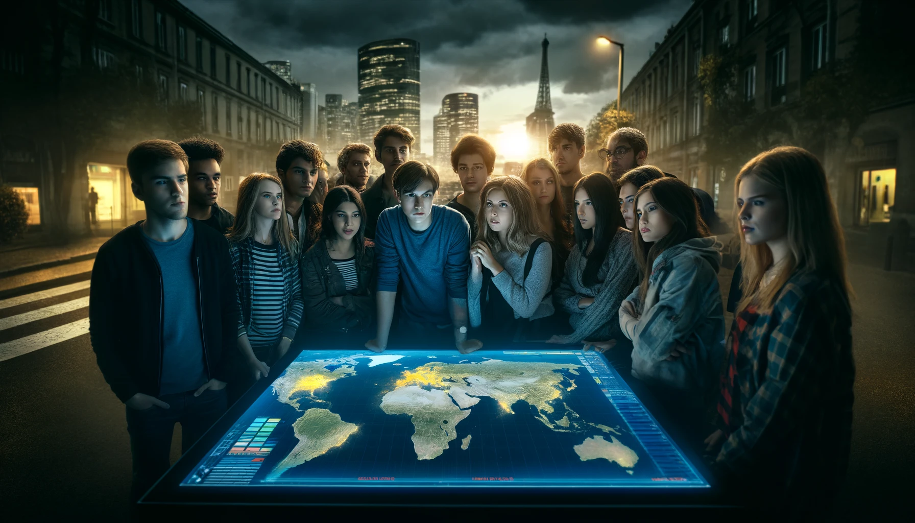 L'Inquiétude Montante chez les Jeunes Français Face au Risque de Guerre Mondiale 7 Jeunes adultes français d'origines diverses dans un environnement urbain, regardant avec inquiétude et détermination une carte du monde numérique montrant des zones de conflit.