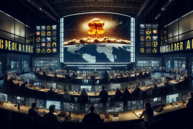 Dissuasion Nucléaire et Médias : Naviguer entre Réalités et Perceptions 2 Salle de rédaction en alerte nucléaire, avec des journalistes et des écrans affichant des symboles nucléaires.