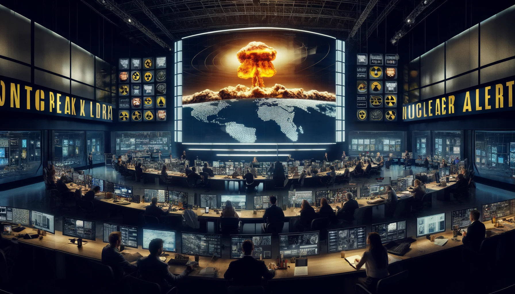 Dissuasion Nucléaire et Médias : Naviguer entre Réalités et Perceptions 7 Salle de rédaction en alerte nucléaire, avec des journalistes et des écrans affichant des symboles nucléaires.