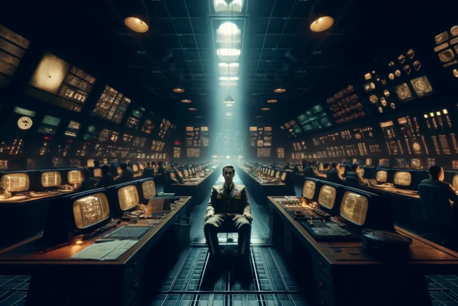 Stanislav Petrov : L'Homme qui a Refusé de Déclencher la Troisième Guerre Mondiale 9 Représentation photoréaliste d'un moment critique dans une salle de contrôle satellite militaire soviétique pendant la Guerre froide, avec un officier ressemblant à Stanislav Petrov entouré d'écrans signalant des missiles entrants.