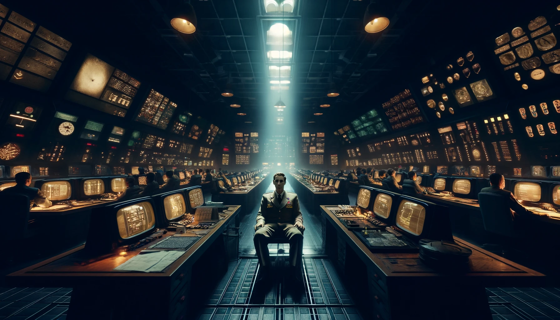 Stanislav Petrov : L'Homme qui a Refusé de Déclencher la Troisième Guerre Mondiale 7 Représentation photoréaliste d'un moment critique dans une salle de contrôle satellite militaire soviétique pendant la Guerre froide, avec un officier ressemblant à Stanislav Petrov entouré d'écrans signalant des missiles entrants.