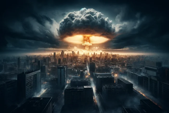 Les Effets Biologiques d'une Guerre Nucléaire: Une Réalité à Connaître 3 Paysage urbain dévasté après une explosion nucléaire, sous un ciel sombre de retombées radioactives.