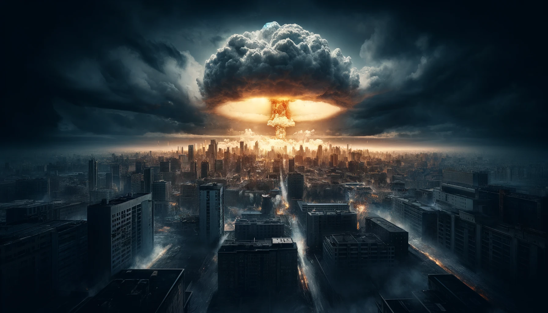 Les Effets Biologiques d'une Guerre Nucléaire: Une Réalité à Connaître 7 Paysage urbain dévasté après une explosion nucléaire, sous un ciel sombre de retombées radioactives.