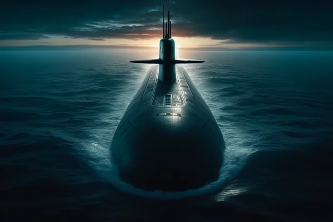 La Dissuasion Nucléaire Française Face aux Menaces Actuelles 3 Sous-marin nucléaire français émergeant des eaux profondes au crépuscule, symbolisant la force de dissuasion.