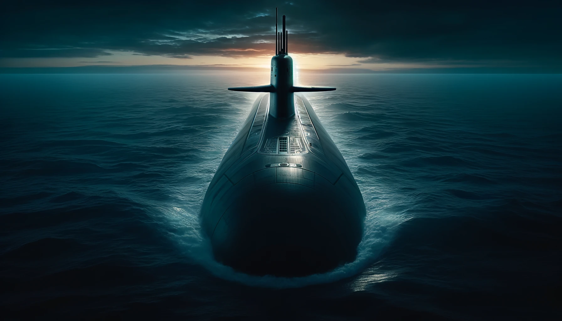 La Dissuasion Nucléaire Française Face aux Menaces Actuelles 7 Sous-marin nucléaire français émergeant des eaux profondes au crépuscule, symbolisant la force de dissuasion.