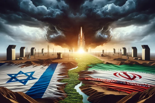 Israël, l'Iran et le Péril Nucléaire : Analyse d'une Situation Explosive 10 Paysage dramatique symbolisant les tensions géopolitiques entre Israël et l'Iran, avec un ciel menaçant et les drapeaux déchirés des deux nations sur un fond de paysages contrastés.