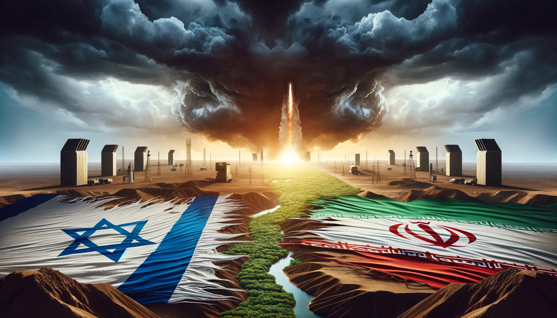 Israël, l'Iran et le Péril Nucléaire : Analyse d'une Situation Explosive 7 Paysage dramatique symbolisant les tensions géopolitiques entre Israël et l'Iran, avec un ciel menaçant et les drapeaux déchirés des deux nations sur un fond de paysages contrastés.