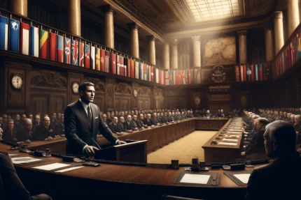 Un homme politique mûr parle de désarmement nucléaire à un podium lors d'un conseil de défense européen, entouré de drapeaux européens et d'auditeurs attentifs dans une salle de conférence ornée.