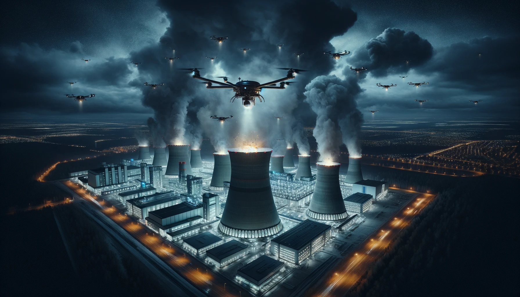 Escalade à Zaporijjia : Un Nouveau Front Dangereux dans la Guerre en Ukraine 7 Attaque de drones nocturne sur la centrale nucléaire de Zaporijjia, avec explosions visibles et un ciel menaçant.