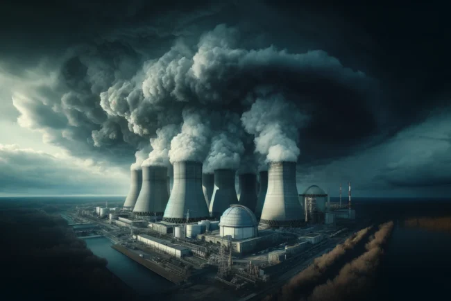 Alerte à Zaporijjia : le risque d'un accident nucléaire s'accroît 7 Centrale nucléaire de Zaporijjia sous un ciel orageux, montrant des dommages après des attaques de drones.