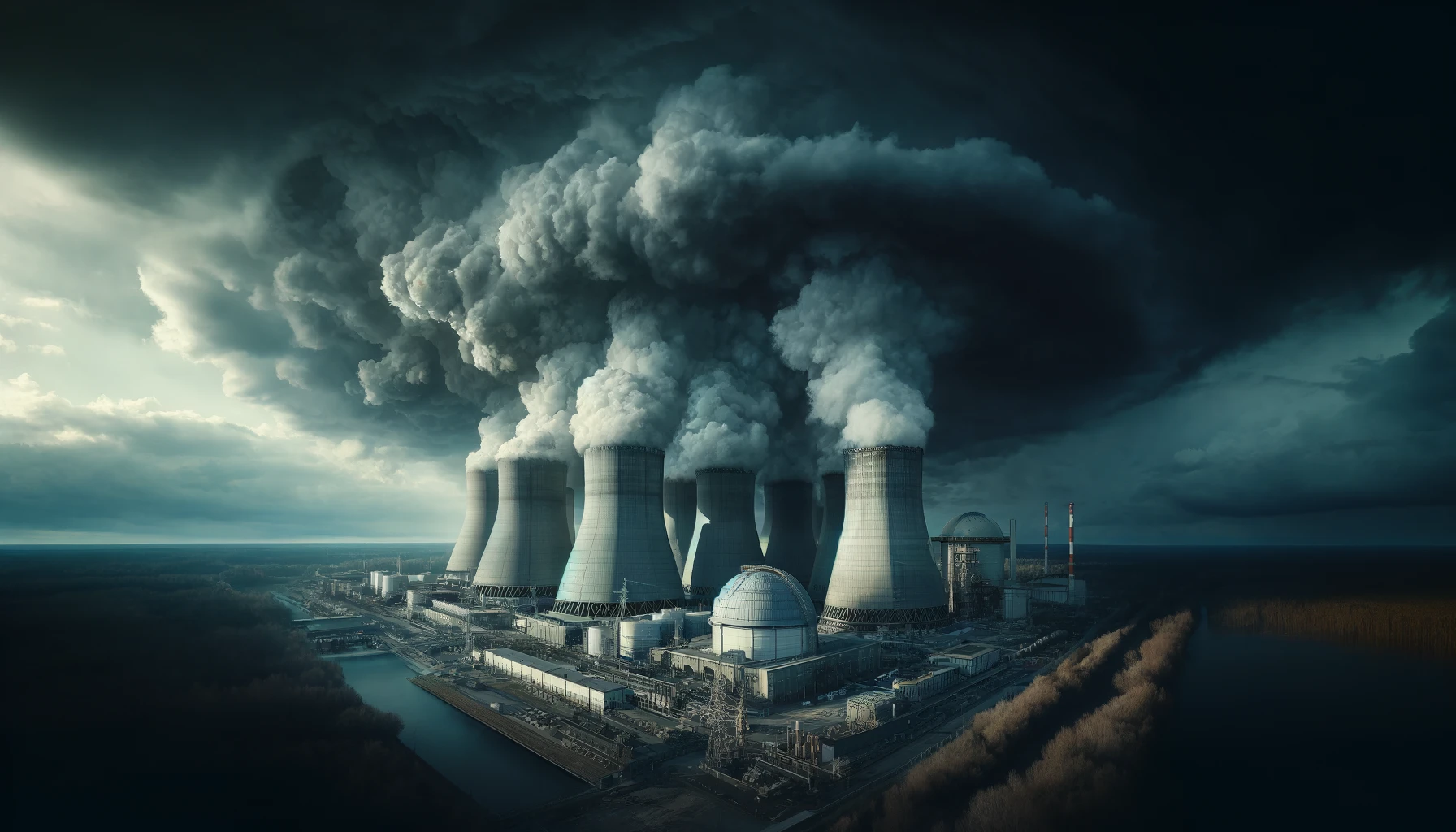 Alerte à Zaporijjia : le risque d'un accident nucléaire s'accroît 7 Centrale nucléaire de Zaporijjia sous un ciel orageux, montrant des dommages après des attaques de drones.