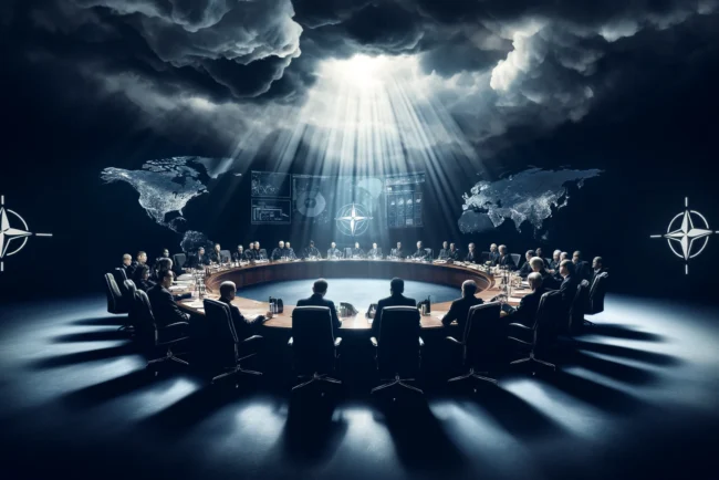 Penser l'impensable pour éviter l'inévitable 5 Sommet de l'OTAN sous un ciel orageux, avec des leaders mondiaux discutant autour d'une grande table.