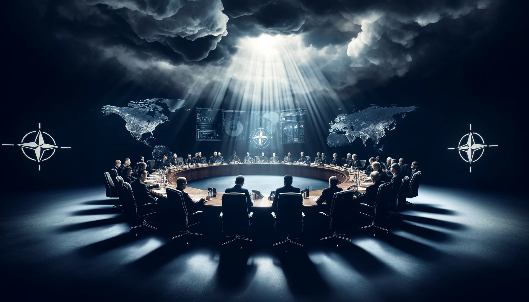 Penser l'impensable pour éviter l'inévitable 7 Sommet de l'OTAN sous un ciel orageux, avec des leaders mondiaux discutant autour d'une grande table.