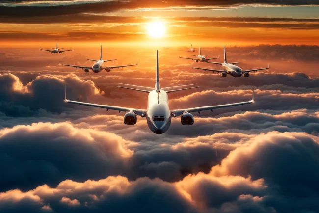 Le renouvellement de la flotte aéroportée de commandement de l'US Air Force 7 Une flotte d'avions E-7 Wedgetail survole majestueusement les nuages au coucher du soleil, symbolisant leur rôle essentiel dans la surveillance aérienne et la sécurité nationale.