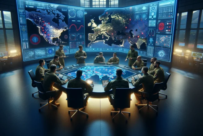 Macron et la défense européenne : Un autre pas vers une Europe forte 10 Officiers européens en réunion stratégique, analysant des menaces géopolitiques sur une carte numérique.