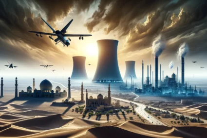 Iran : Vers un Changement de Cap Nucléaire après l'Attaque sur Israël? 1 Paysage futuriste du Moyen-Orient avec installations nucléaires modernes près de sites historiques sous un ciel orageux, drones et missiles en silhouette.