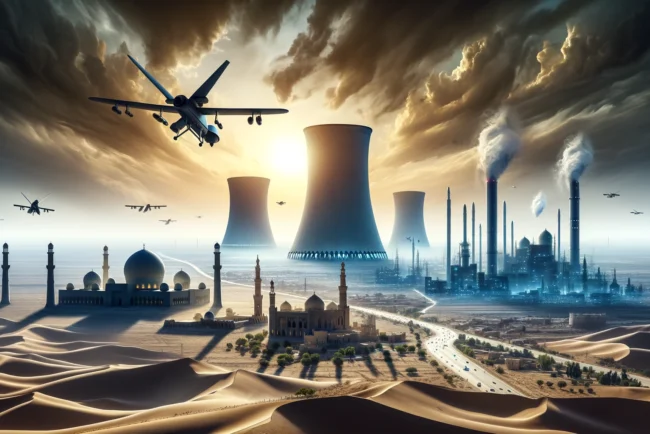 Paysage futuriste du Moyen-Orient avec installations nucléaires modernes près de sites historiques sous un ciel orageux, drones et missiles en silhouette.