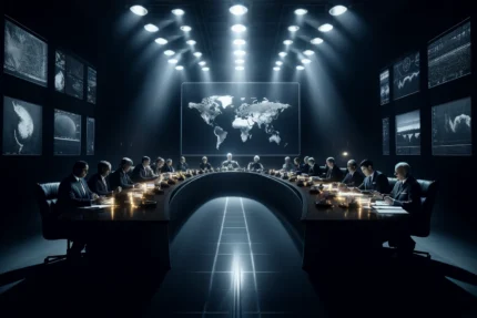 Leaders mondiaux discutant dans une salle de conférence sombre éclairée par des lumières tamisées, avec des écrans montrant des points chauds globaux, symbolisant la tension et la menace imminente de conflit nucléaire.