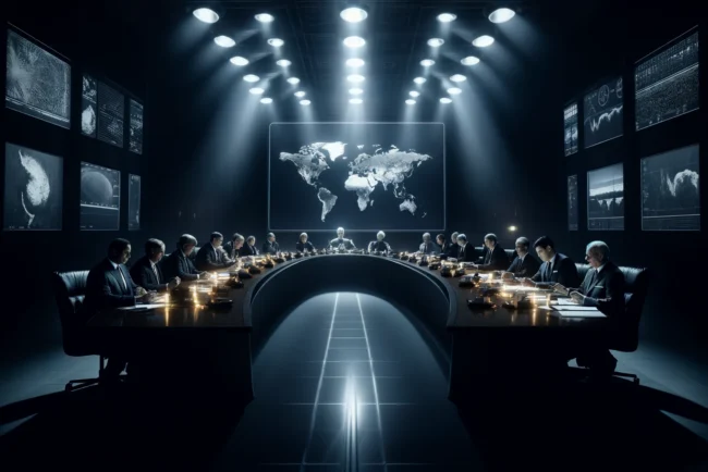 Poutine et la guerre nucléaire : Stratégies en mutation 9 Leaders mondiaux discutant dans une salle de conférence sombre éclairée par des lumières tamisées, avec des écrans montrant des points chauds globaux, symbolisant la tension et la menace imminente de conflit nucléaire.