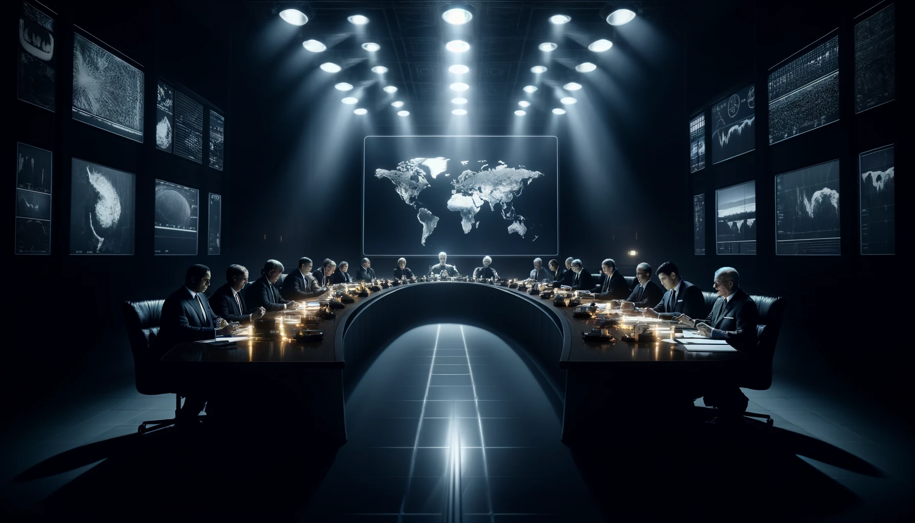 Poutine et la guerre nucléaire : Stratégies en mutation 7 Leaders mondiaux discutant dans une salle de conférence sombre éclairée par des lumières tamisées, avec des écrans montrant des points chauds globaux, symbolisant la tension et la menace imminente de conflit nucléaire.