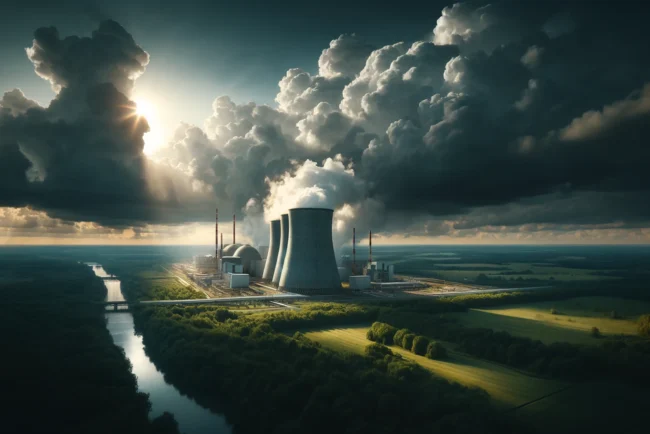 La Centrale de Zaporijjia et la Préparation Européenne à une Catastrophe Nucléaire 9 Un paysage européen paisible avec une centrale nucléaire de conception soviétique en arrière-plan, sous un ciel nuageux dramatique.