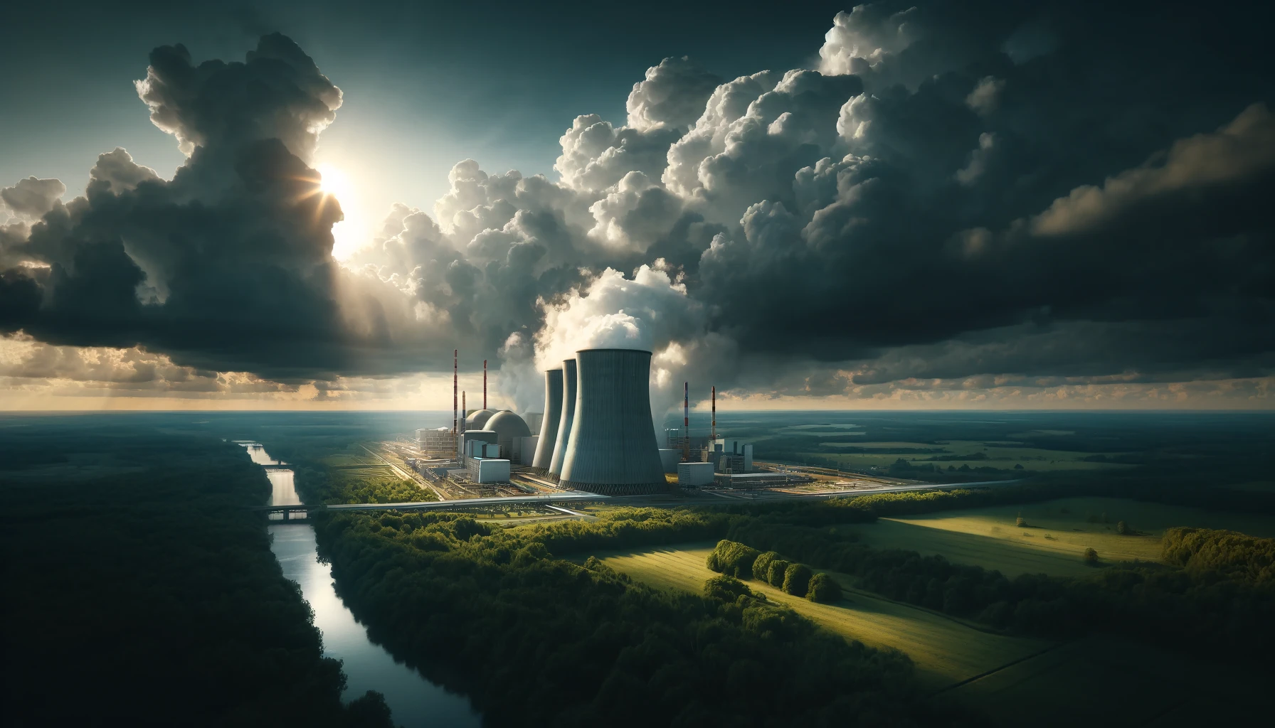 La Centrale de Zaporijjia et la Préparation Européenne à une Catastrophe Nucléaire 7 Un paysage européen paisible avec une centrale nucléaire de conception soviétique en arrière-plan, sous un ciel nuageux dramatique.