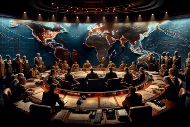 Quand la guerre nucléaire a VRAIMENT failli arriver 4 Salle de stratégie pendant la crise des missiles de Cuba, avec des représentations de Kennedy et Khrushchev, illuminée par une lumière tamisée, avec des lignes téléphoniques rouges et des cartes montrant Cuba, les États-Unis et l'Union soviétique.