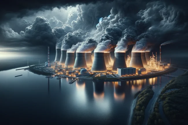 Risque d'accident nucléaire accru en Ukraine : une situation préoccupante 10 Centrale nucléaire sous un ciel orageux, lumière menaçante émanant des réacteurs