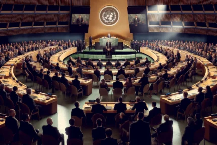 Une scène captivante à l'ONU avec un diplomate passionnément engagé dans un discours sur la prévention de la guerre nucléaire devant une assemblée de diplomates de divers pays.