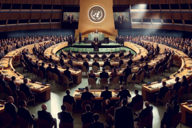 L'importance cruciale de prévenir une guerre nucléaire : les interventions de Mgr Gabriele Caccia à l'ONU 10 Une scène captivante à l'ONU avec un diplomate passionnément engagé dans un discours sur la prévention de la guerre nucléaire devant une assemblée de diplomates de divers pays.