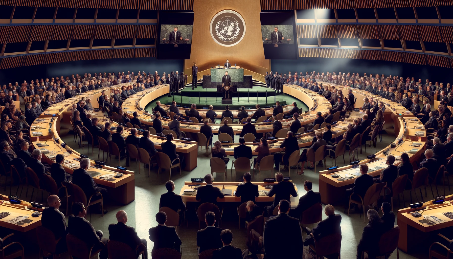 L'importance cruciale de prévenir une guerre nucléaire : les interventions de Mgr Gabriele Caccia à l'ONU 7 Une scène captivante à l'ONU avec un diplomate passionnément engagé dans un discours sur la prévention de la guerre nucléaire devant une assemblée de diplomates de divers pays.