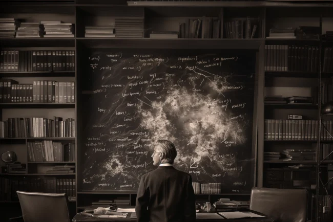 Entretien avec Oppenheimer : Plongée dans l'Ère Atomique et ses Dilemmes 6 Un homme contemple un tableau noir rempli d'équations et de notes sur la physique nucléaire, évoquant la réflexion et la complexité de la recherche atomique.