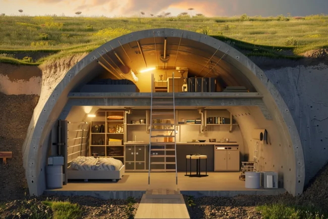 Construire un Abri Nucléaire chez Soi : Étapes et Conseils pour une Fortification Efficace 3 Abri nucléaire moderne et sécurisé intégré sous une colline verdoyante.