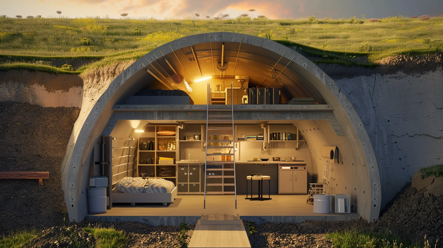 Construire un Abri Nucléaire chez Soi : Étapes et Conseils pour une Fortification Efficace 1 Abri nucléaire moderne et sécurisé intégré sous une colline verdoyante.
