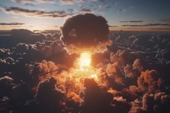 De Hiroshima à Aujourd'hui : Comprendre l'Impact et l'Évolution des Armes Nucléaires 5 Explosion nucléaire formant un champignon atomique dans le ciel au coucher du soleil