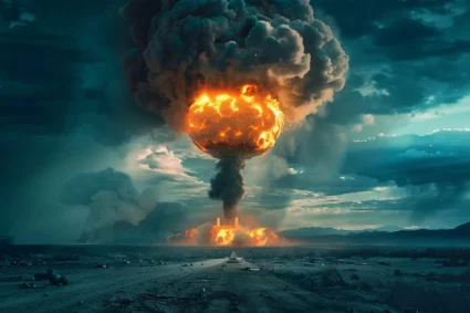 Les Bases de la Préparation à une Catastrophe Nucléaire : Ce que Tout le Monde Devrait Savoir 1 Champignon atomique colossal s'élevant dans un ciel orageux, symbole de la puissance destructrice des armes nucléaires.