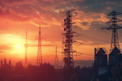 Maintenir la Communication lors d'une Catastrophe Nucléaire : Méthodes et Équipements Indispensables 1 Coucher de soleil dramatique derrière les lignes électriques et pylônes, symbolisant l'infrastructure de communication essentielle.