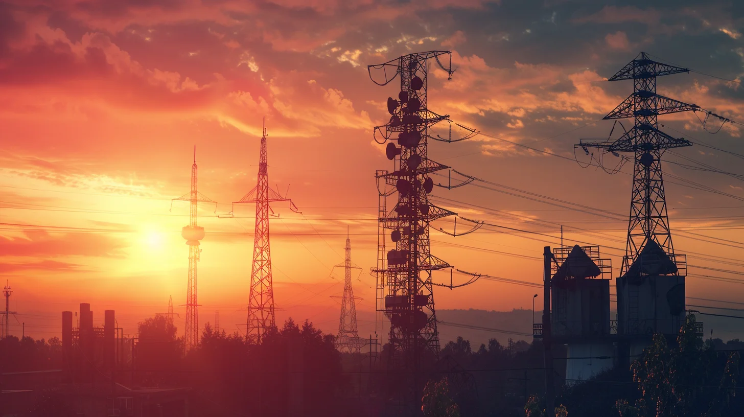 Maintenir la Communication lors d'une Catastrophe NuclĂ©aire : MĂ©thodes et Ăquipements Indispensables 1 Coucher de soleil dramatique derriĂšre les lignes Ă©lectriques et pylĂŽnes, symbolisant l'infrastructure de communication essentielle.