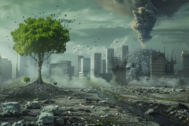 Survie Nucléaire et Durabilité : Comment les Pratiques Écologiques Peuvent Aider en Temps de Crise 5 Un arbre verdoyant se dresse solitaire dans un paysage urbain dévasté avec un nuage de champignon nucléaire en arrière-plan
