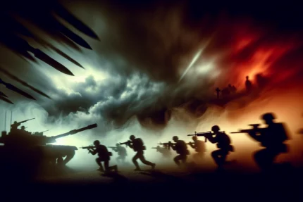 Soldats anonymes sur un champ de bataille brumeux, avec des armes lourdes en arrière-plan, sous un ciel menaçant, symbolisant la tension et les conflits internationaux alimentés par l'impérialisme.