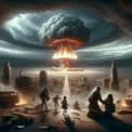 L’hiver nucléaire : Les conséquences inévitables d’une guerre nucléaire ? 27 L'hiver nucléaire dramatique avec un champignon atomique s'élevant au-dessus d'une ville dévastée, une famille cherchant un abri au premier plan avec des expressions de peur et d'urgence