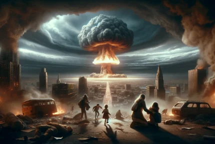 L'hiver nucléaire dramatique avec un champignon atomique s'élevant au-dessus d'une ville dévastée, une famille cherchant un abri au premier plan avec des expressions de peur et d'urgence