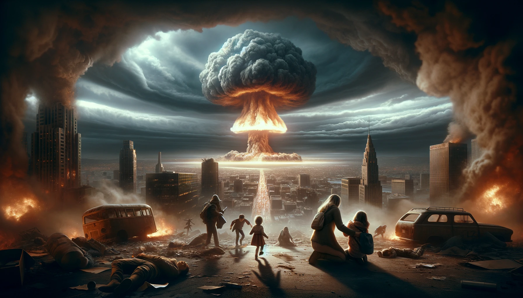 Lâhiver nuclĂ©aire : Les consĂ©quences inĂ©vitables dâune guerre nuclĂ©aire ? 7 L'hiver nuclĂ©aire dramatique avec un champignon atomique s'Ă©levant au-dessus d'une ville dĂ©vastĂ©e, une famille cherchant un abri au premier plan avec des expressions de peur et d'urgence
