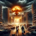 Survivants en tenues de protection avançant dans une ville en ruines après une explosion nucléaire, sous un ciel sombre et orageux.