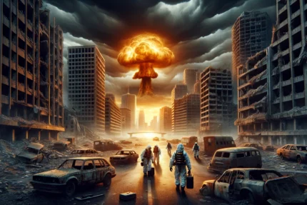 Survivants en tenues de protection avançant dans une ville en ruines après une explosion nucléaire, sous un ciel sombre et orageux.