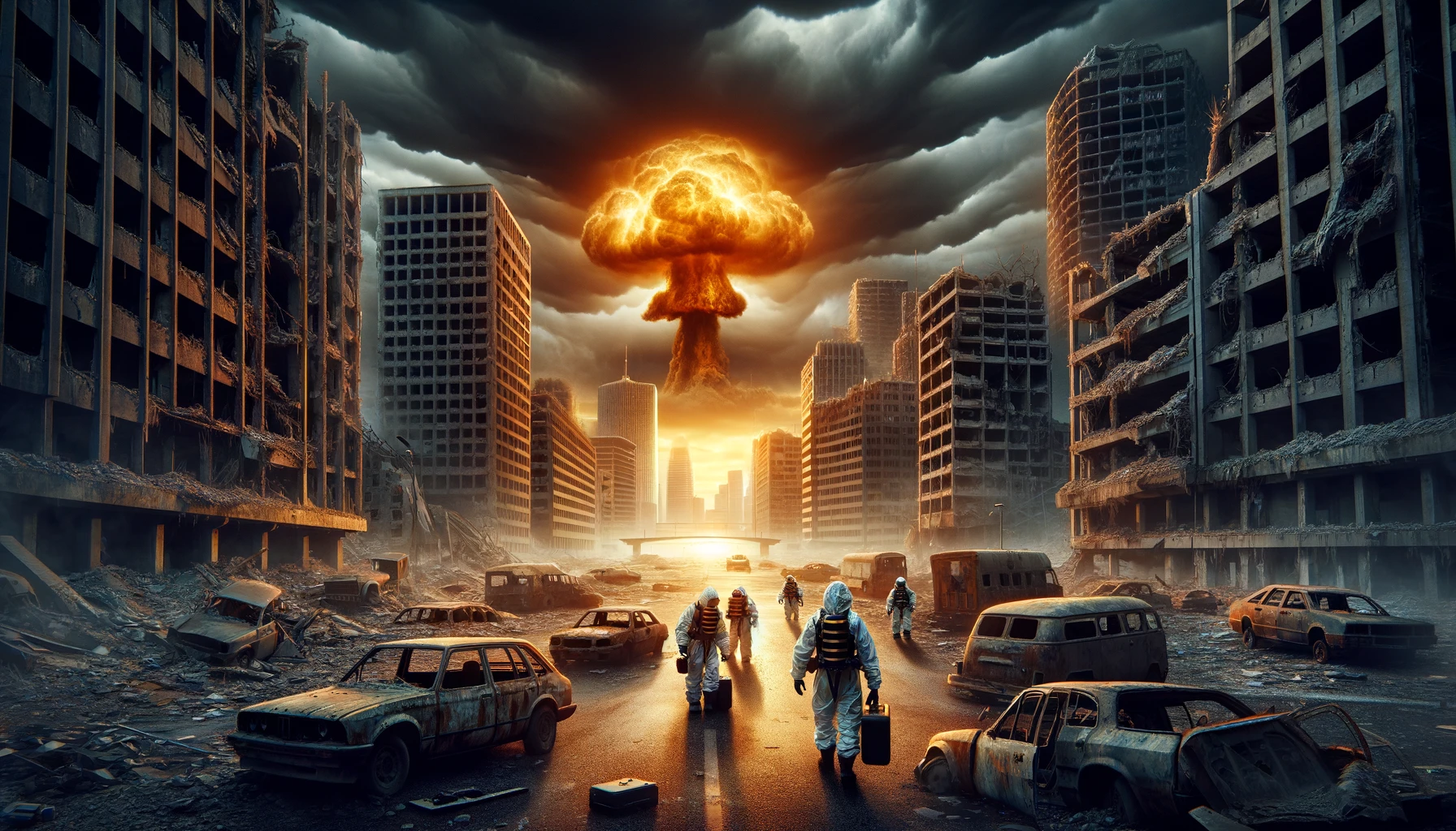 Able Archer 83: L’exercice de l’OTAN qui a failli déclencher la Guerre Nucléaire 7 Survivants en tenues de protection avançant dans une ville en ruines après une explosion nucléaire, sous un ciel sombre et orageux.